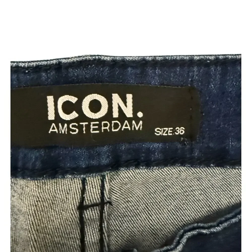 ICON Amsterdam Men Slim Fit Blue Denim Jeans Red & Black Side Stripes 36 - Picture 3 of 8